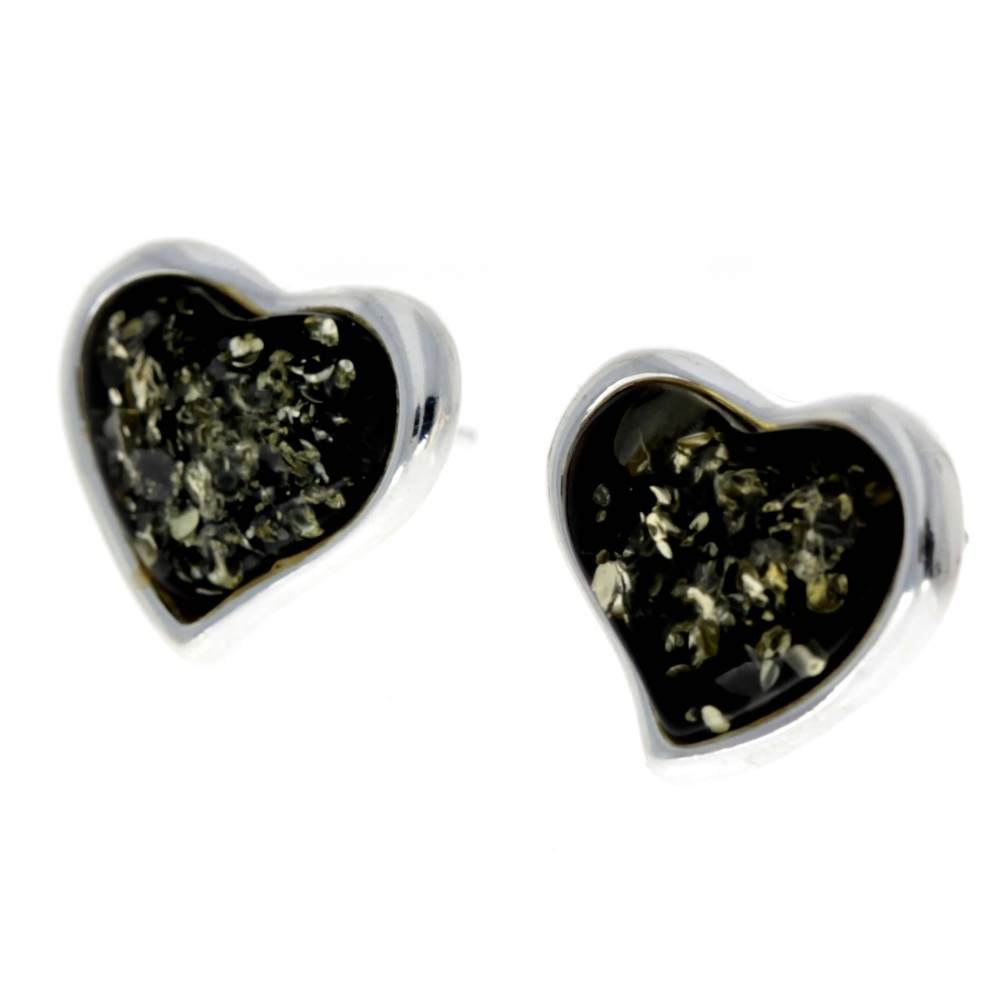 925 Sterling Silver & Baltic Amber Classic Heart Engraved Heart Studs Earrings - AC004