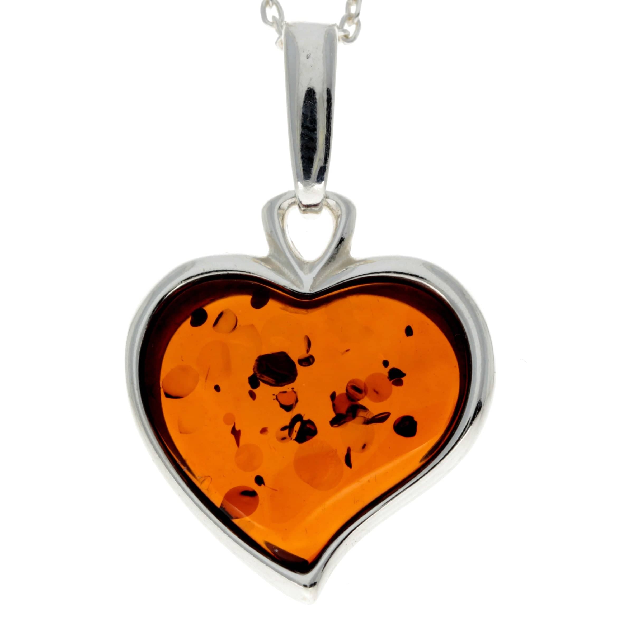 925 Sterling Silver & Baltic Amber Classic Heart Engraved Pendant - AD200