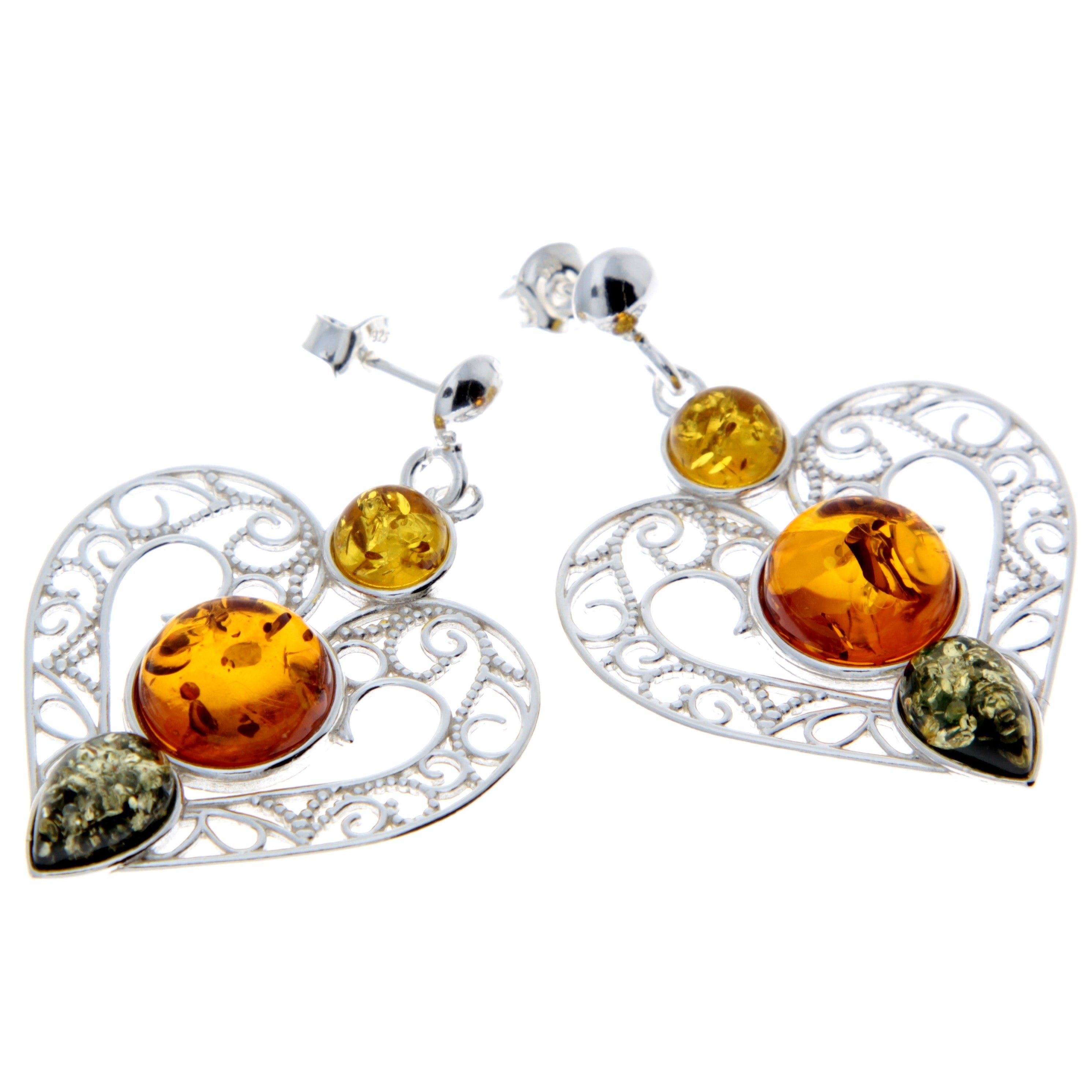 925 Sterling Silver & Baltic Amber Large Drop Hearts Earrings - M643