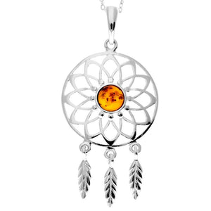 925 Sterling Silver & Baltic Amber Dream Catcher Pendant - GL2005