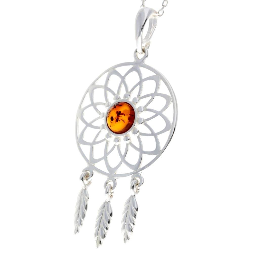 925 Sterling Silver & Baltic Amber Dream Catcher Pendant - GL2005