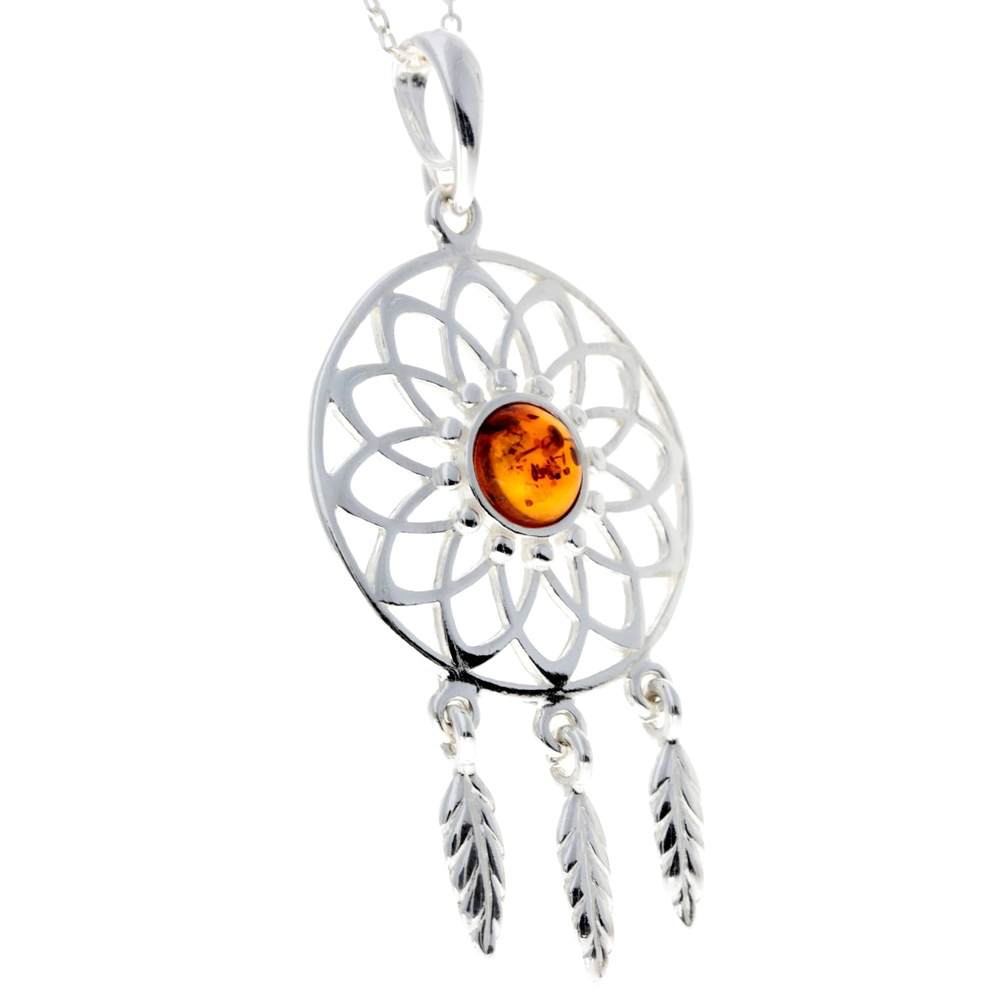 925 Sterling Silver & Baltic Amber Dream Catcher Pendant - GL2005