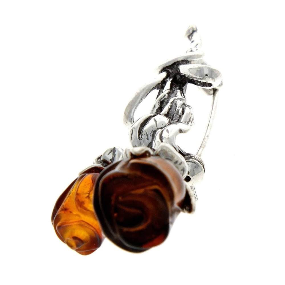 925 Sterling Silver & Baltic Amber 2 Roses Brooch - BR2