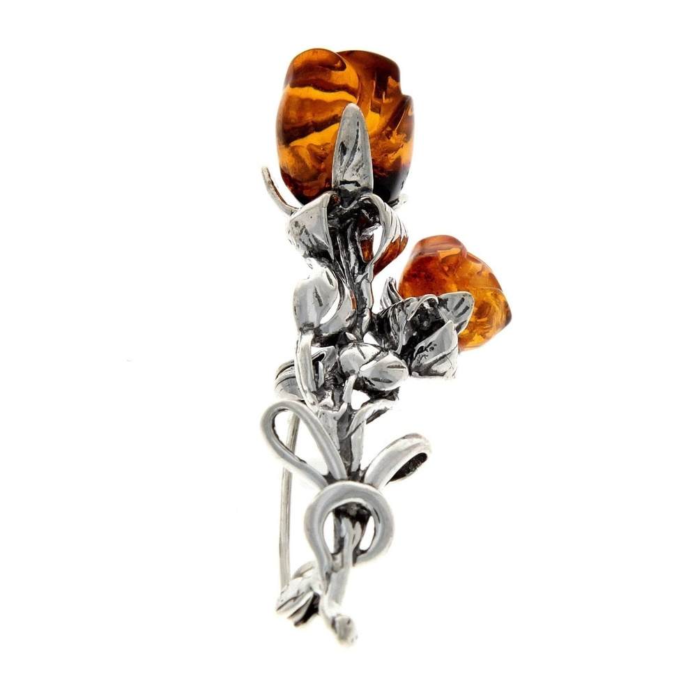 925 Sterling Silver & Baltic Amber 2 Roses Brooch - BR2