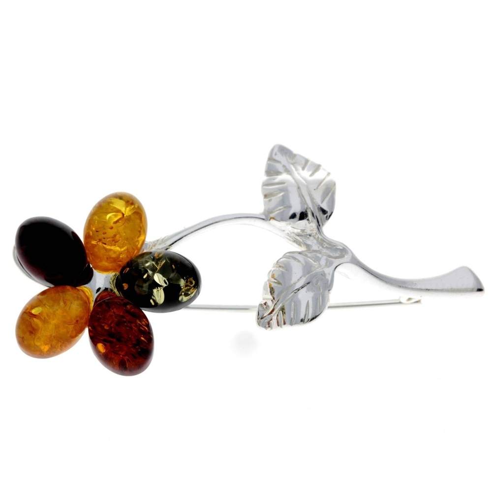 925 Sterling Silver & Baltic Amber Flower Brooch - AA801