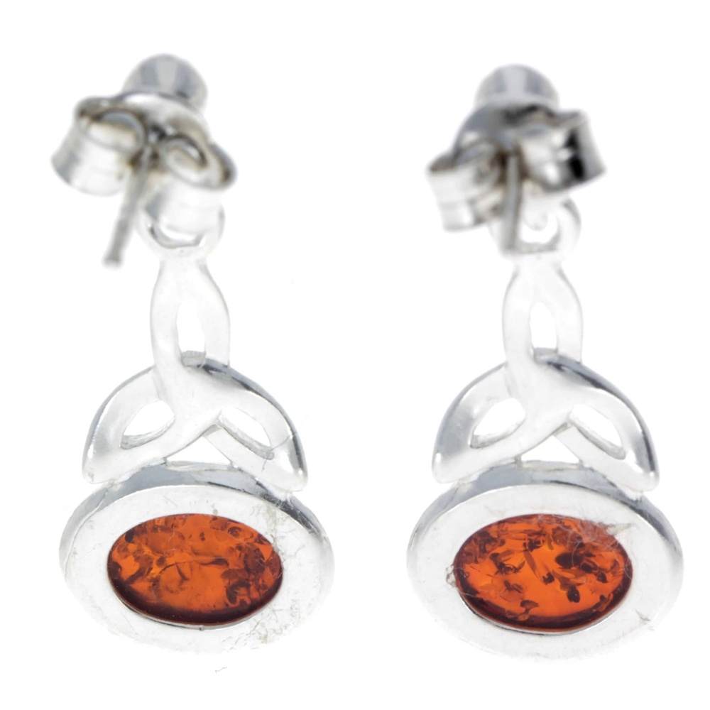 925 Sterling Silver & Baltic Amber Celtic Drop Earrings - 5425