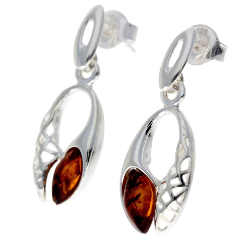 925 Sterling Silver & Baltic Amber Celtic Drop Earrings - GL179