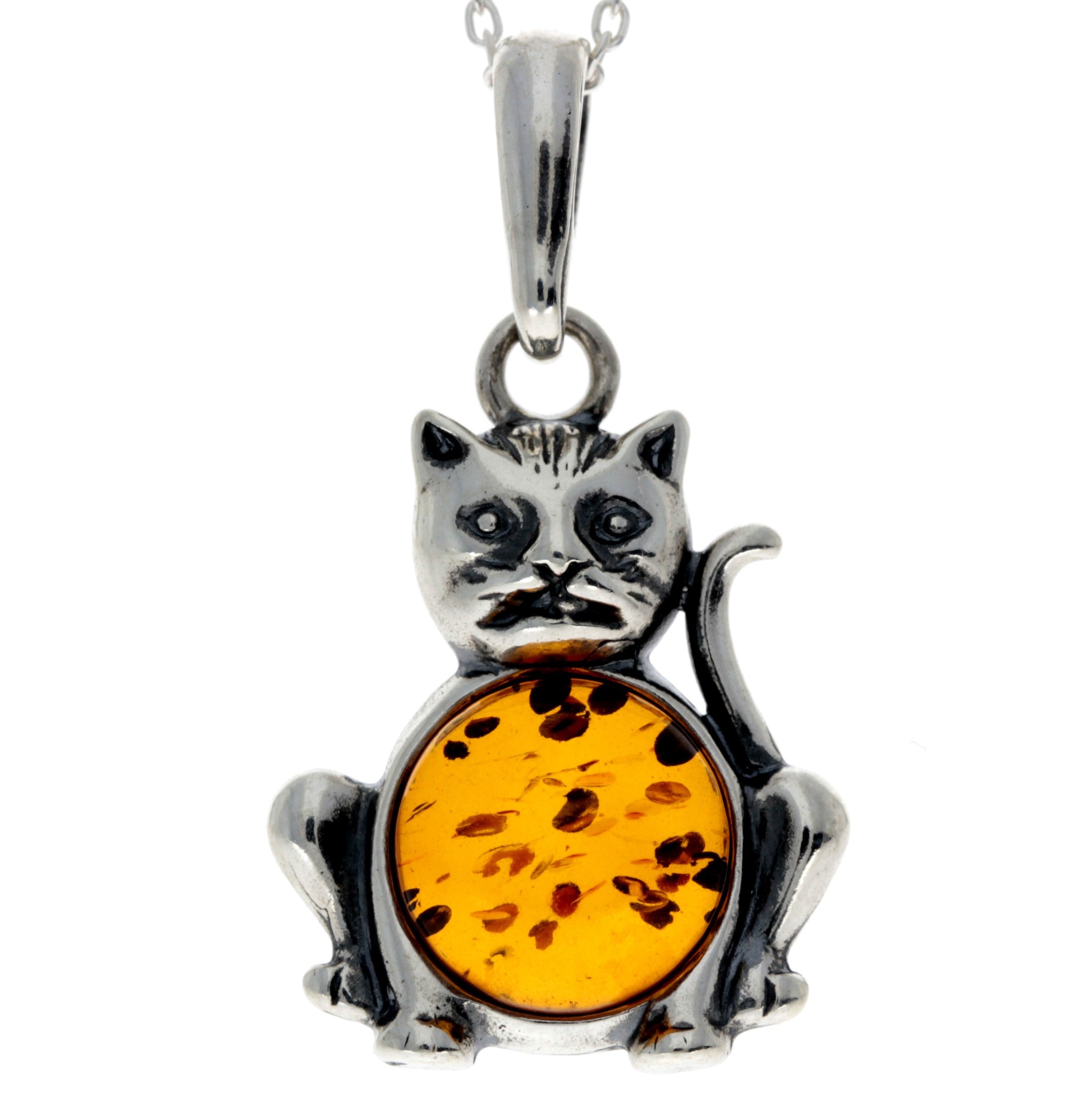 925 Sterling Silver & Baltic Amber Pussy Cat Pendant - 1677