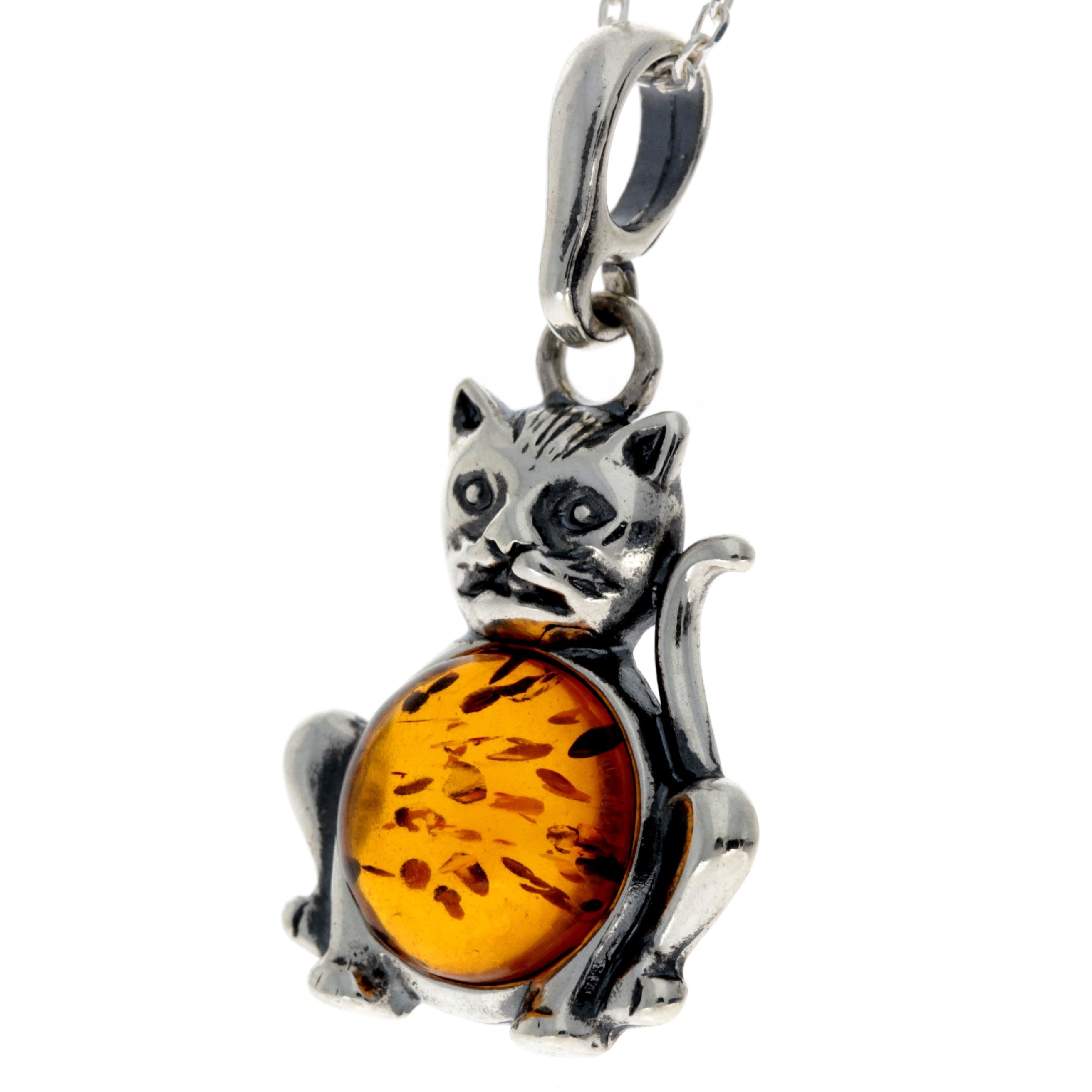 925 Sterling Silver & Baltic Amber Pussy Cat Pendant - 1677
