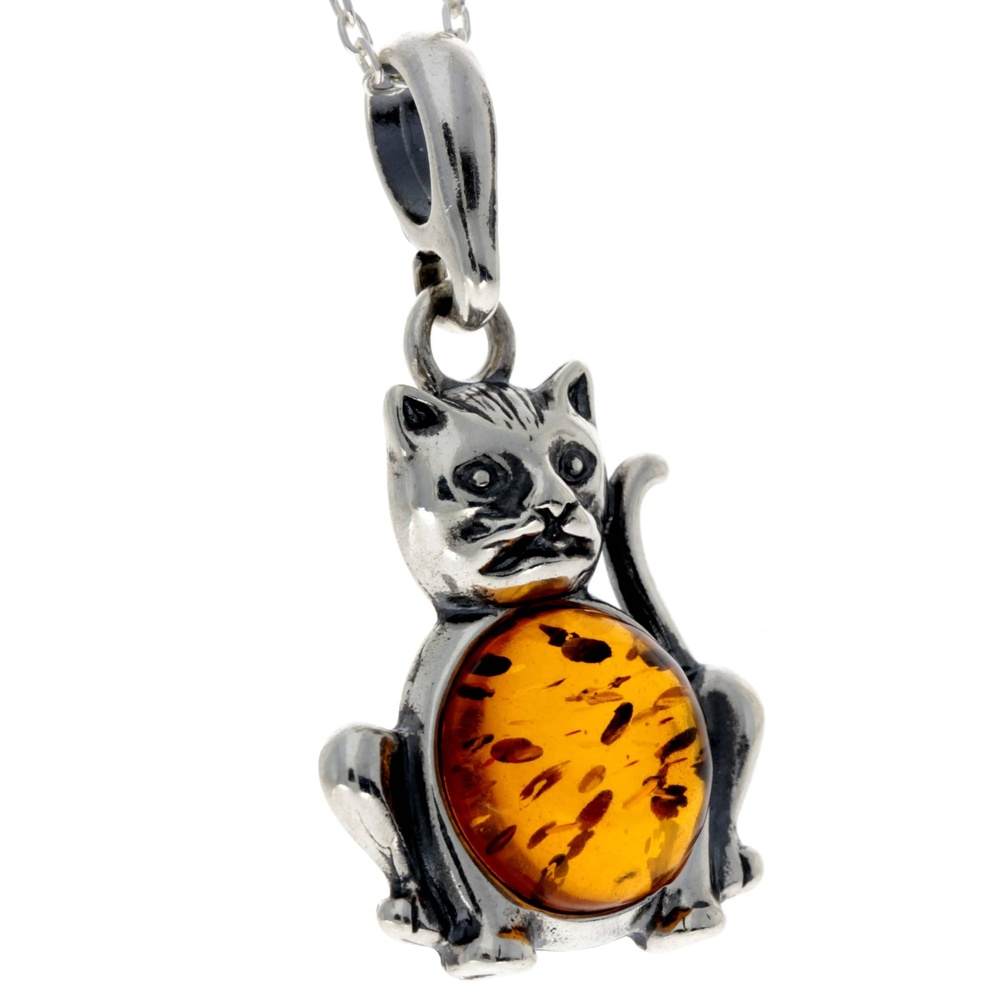 925 Sterling Silver & Baltic Amber Pussy Cat Pendant - 1677