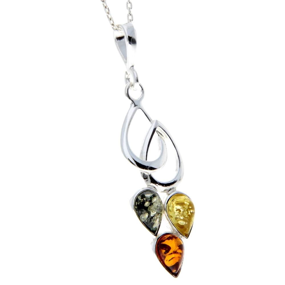 925 Sterling Silver & Baltic Amber 3 Stone Modern Pendant - M2002