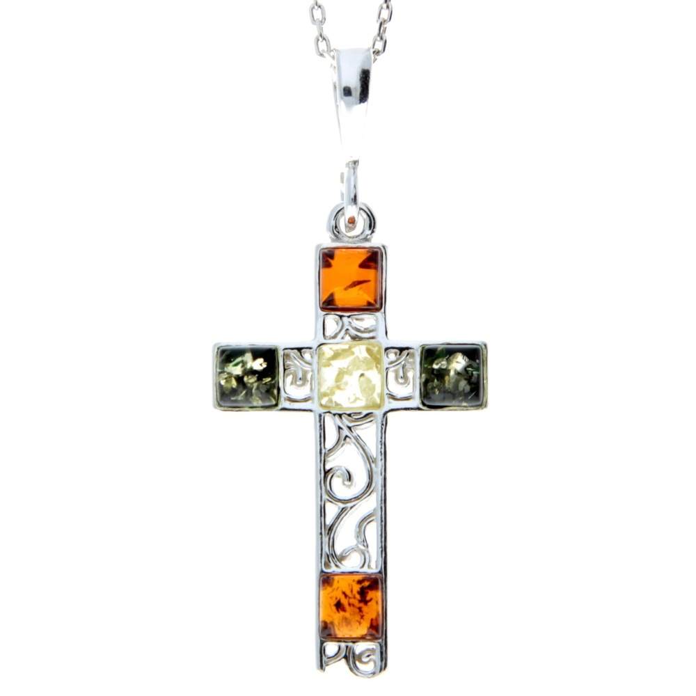 925 Sterling Silver & Baltic Amber Cross Pendant - M2000