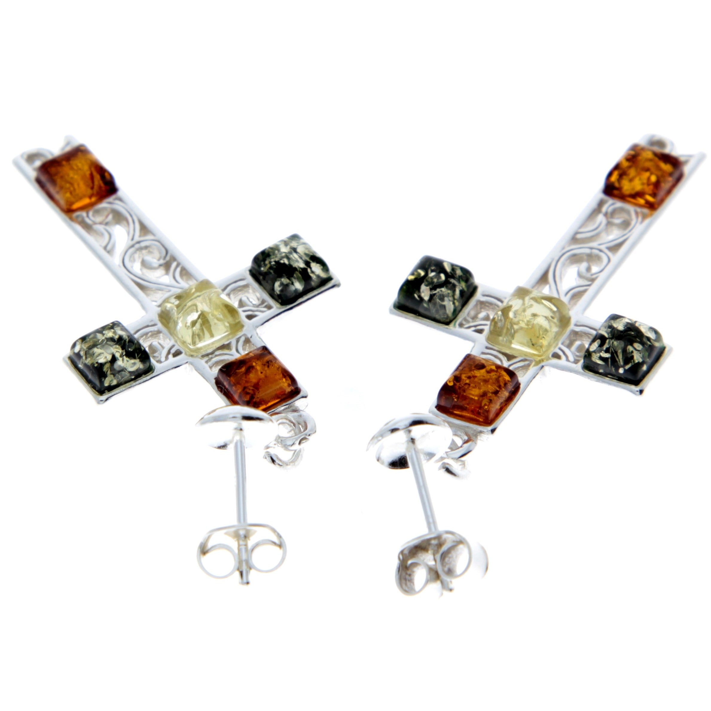 925 Sterling Silver & Baltic Amber Cross Earrings - M644