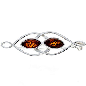 925 Sterling Silver & Baltic Amber Modern 2 Stones Brooch - M810