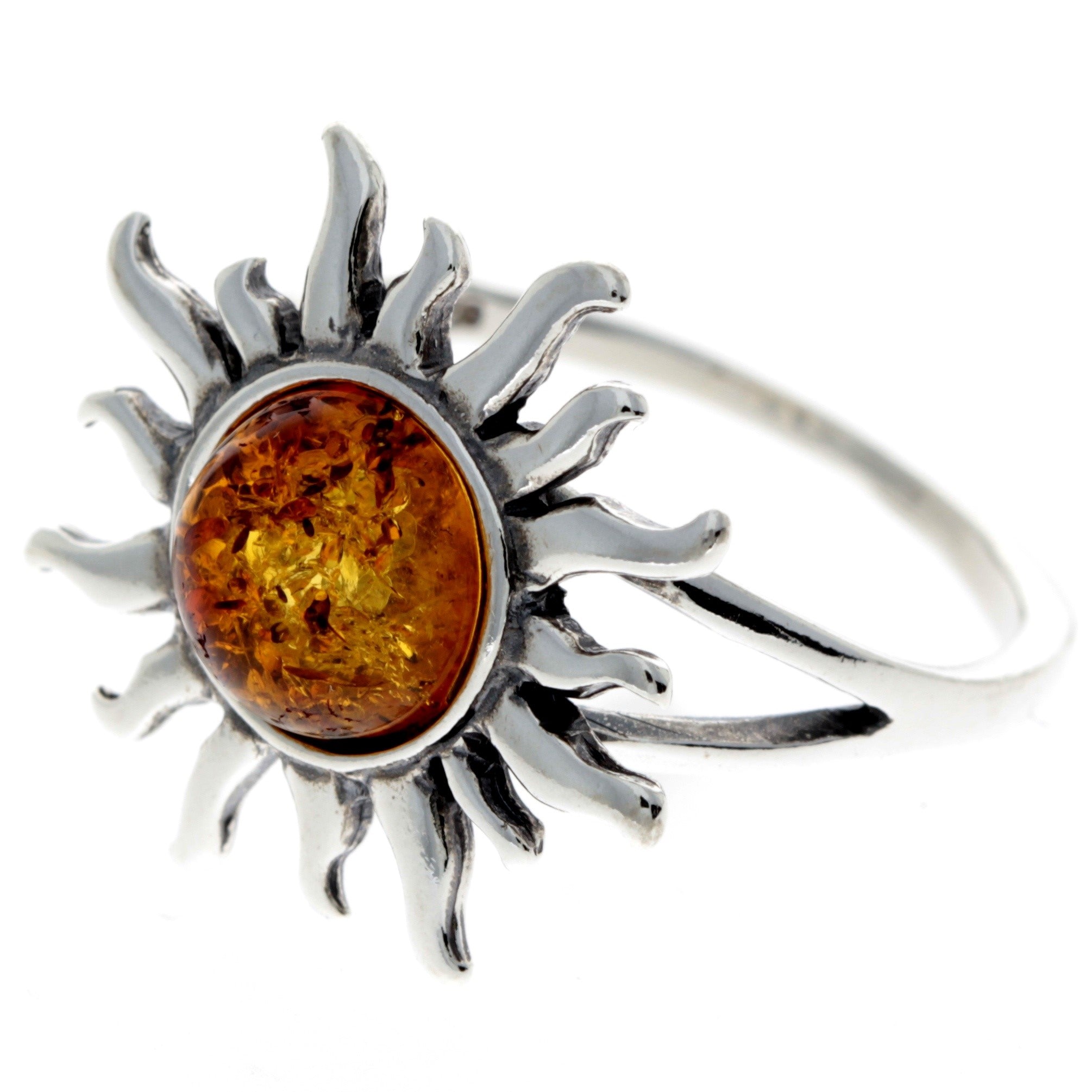 925 Sterling Silver & Genuine Baltic Amber Sun Ring - 7374