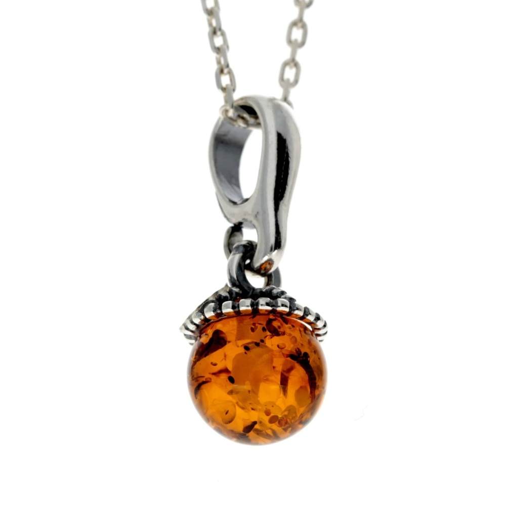 925 Sterling Silver & Genuine Baltic Amber Ball Classic Pendant - 607