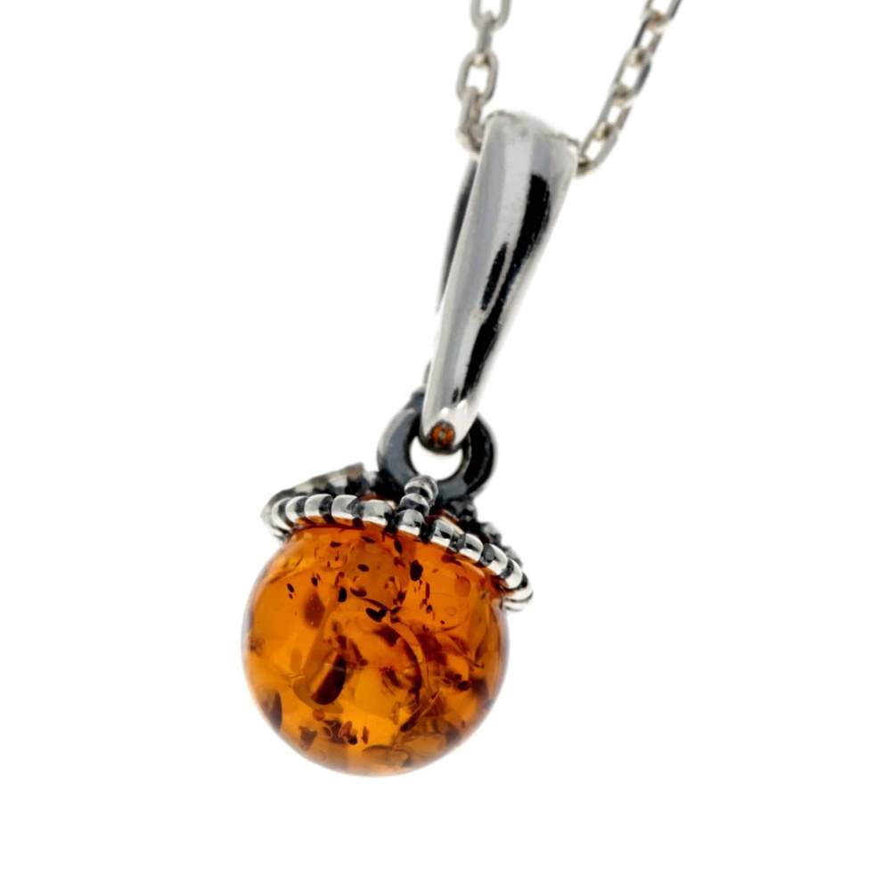 925 Sterling Silver & Genuine Baltic Amber Ball Classic Pendant - 607