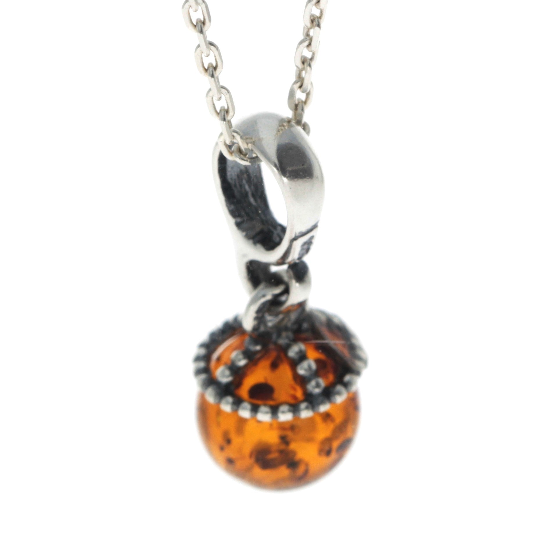 925 Sterling Silver & Genuine Baltic Amber Ball Classic Pendant - 607