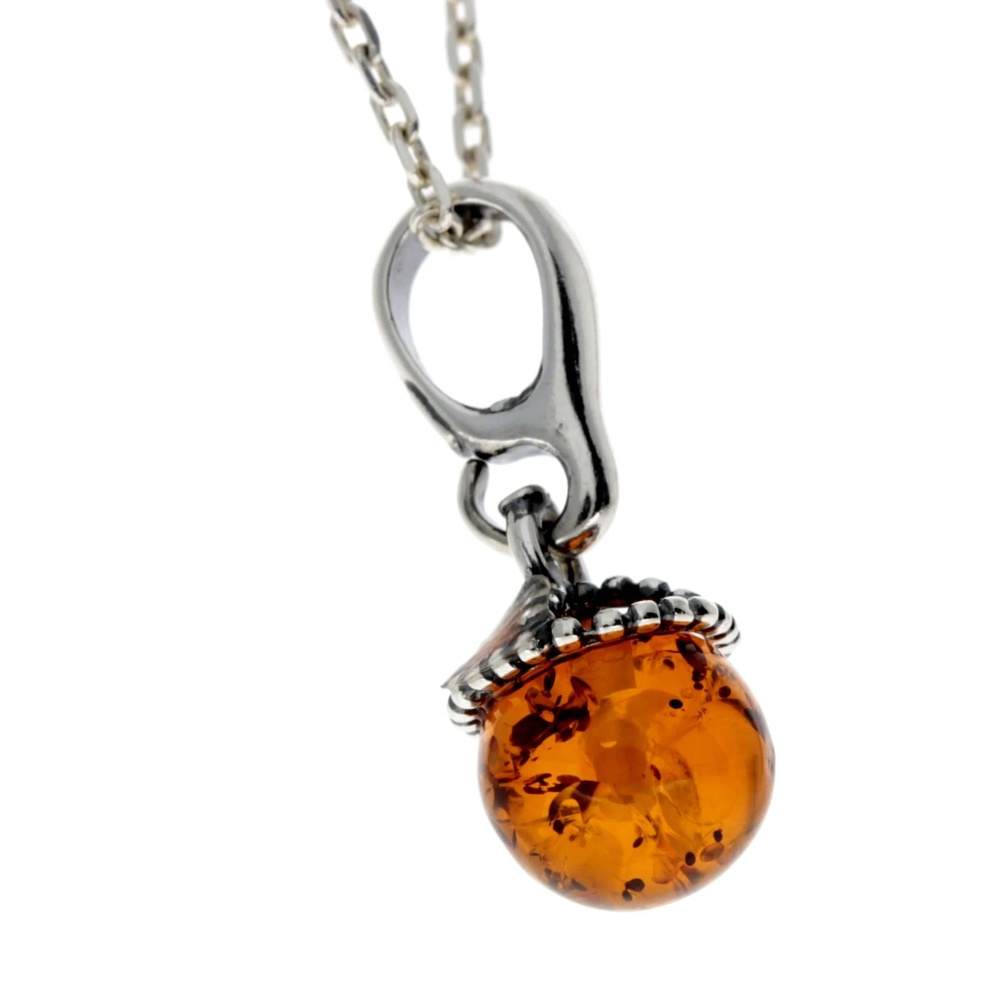 925 Sterling Silver & Genuine Baltic Amber Ball Classic Pendant - 607