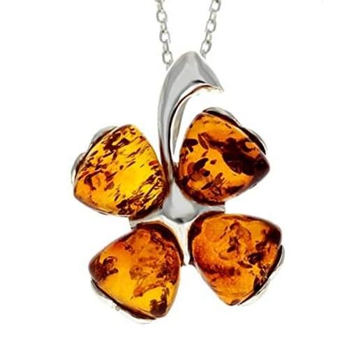 925 Sterling SIlver & Genuine Baltic Amber Lucky Clover Pendant - GL283