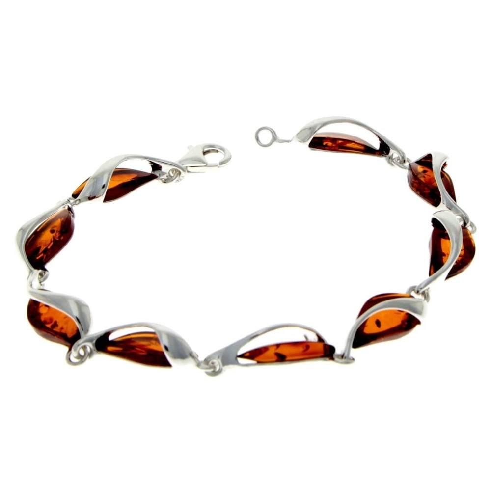 925 Sterling Silver & Cognac Baltic Amber Modern Link Bracelet - GL539