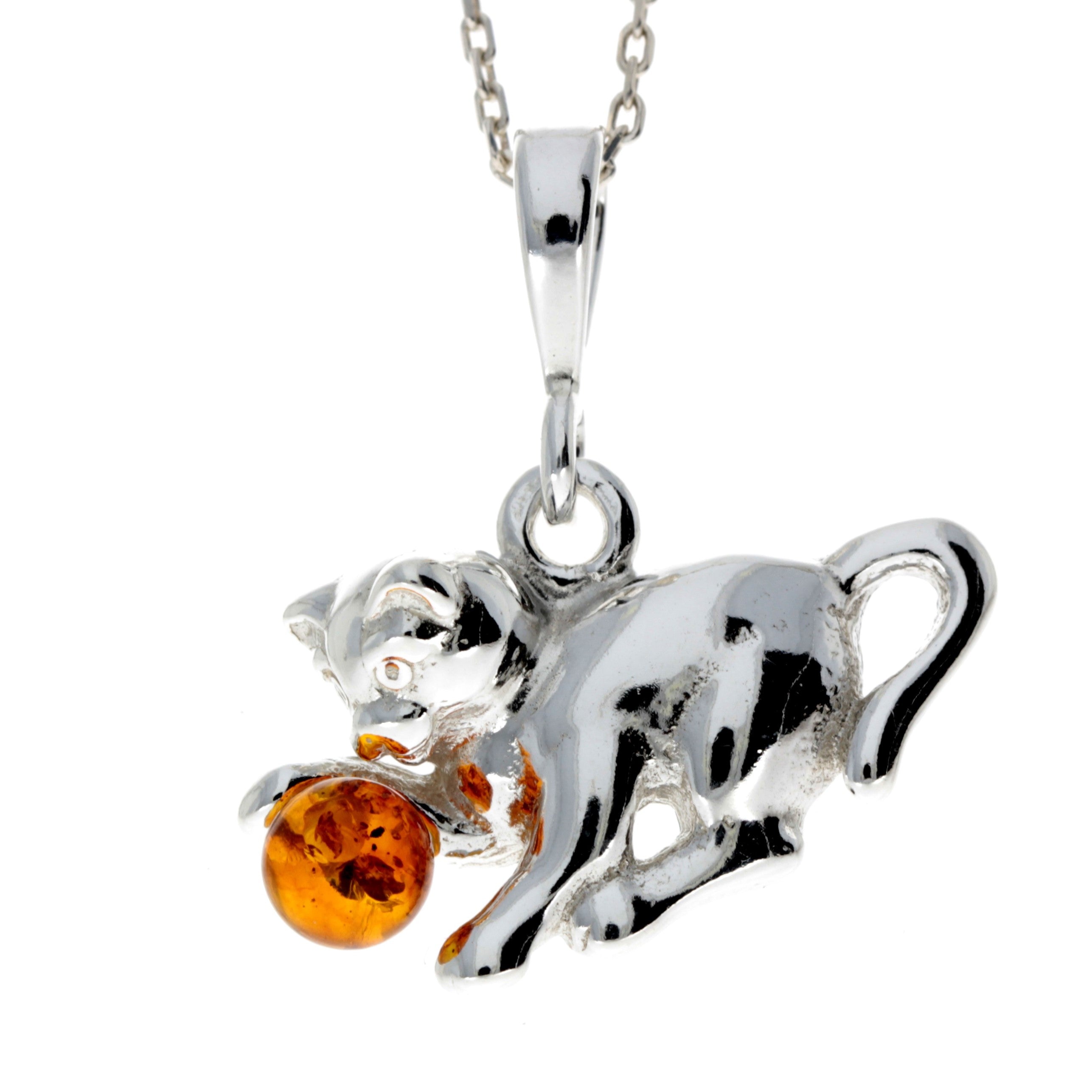 925 Sterling Silver & Baltic Amber Pussy Cat Kitten Pendant - M375