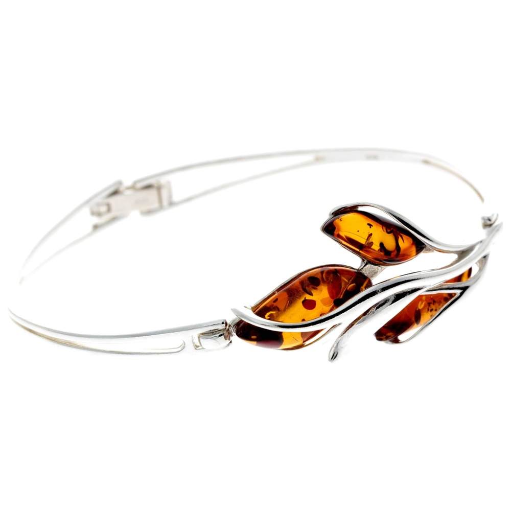 925 Sterling Silver & Baltic Amber 3 Stone Modern Bangle - GL548