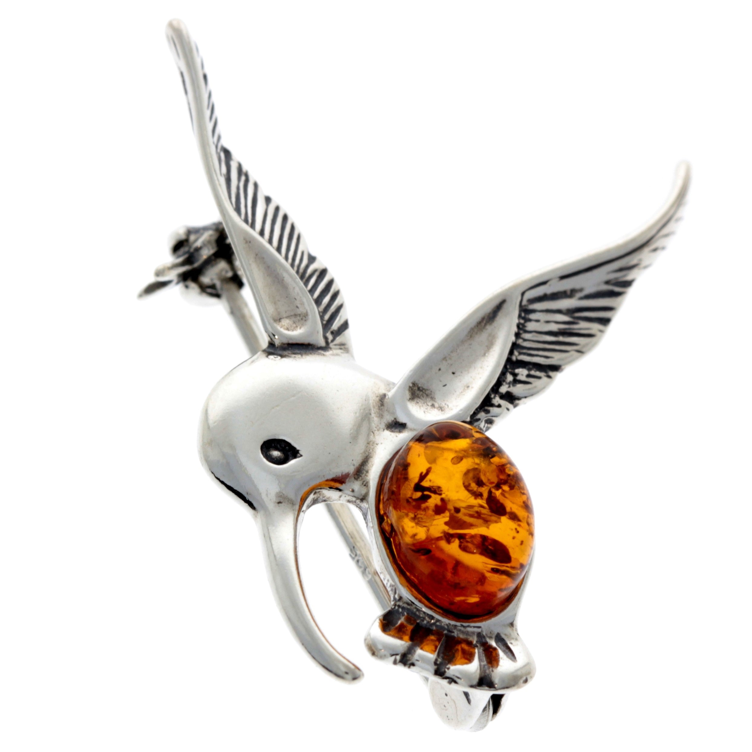925 Sterling Silver & Baltic Amber Hummingbird Brooch - 4070