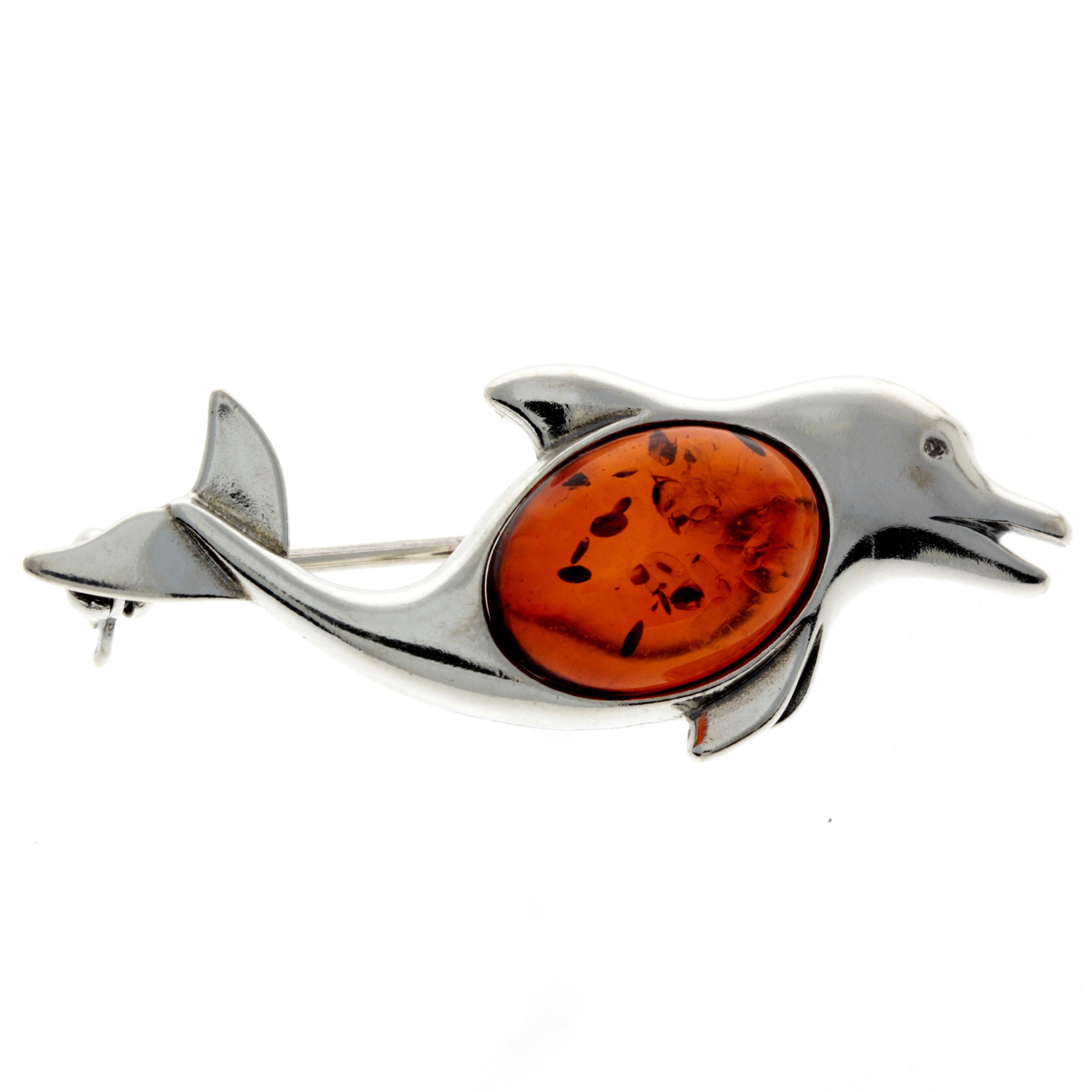 925 Sterling Silver & Baltic Amber Dolphin Brooch - 4009