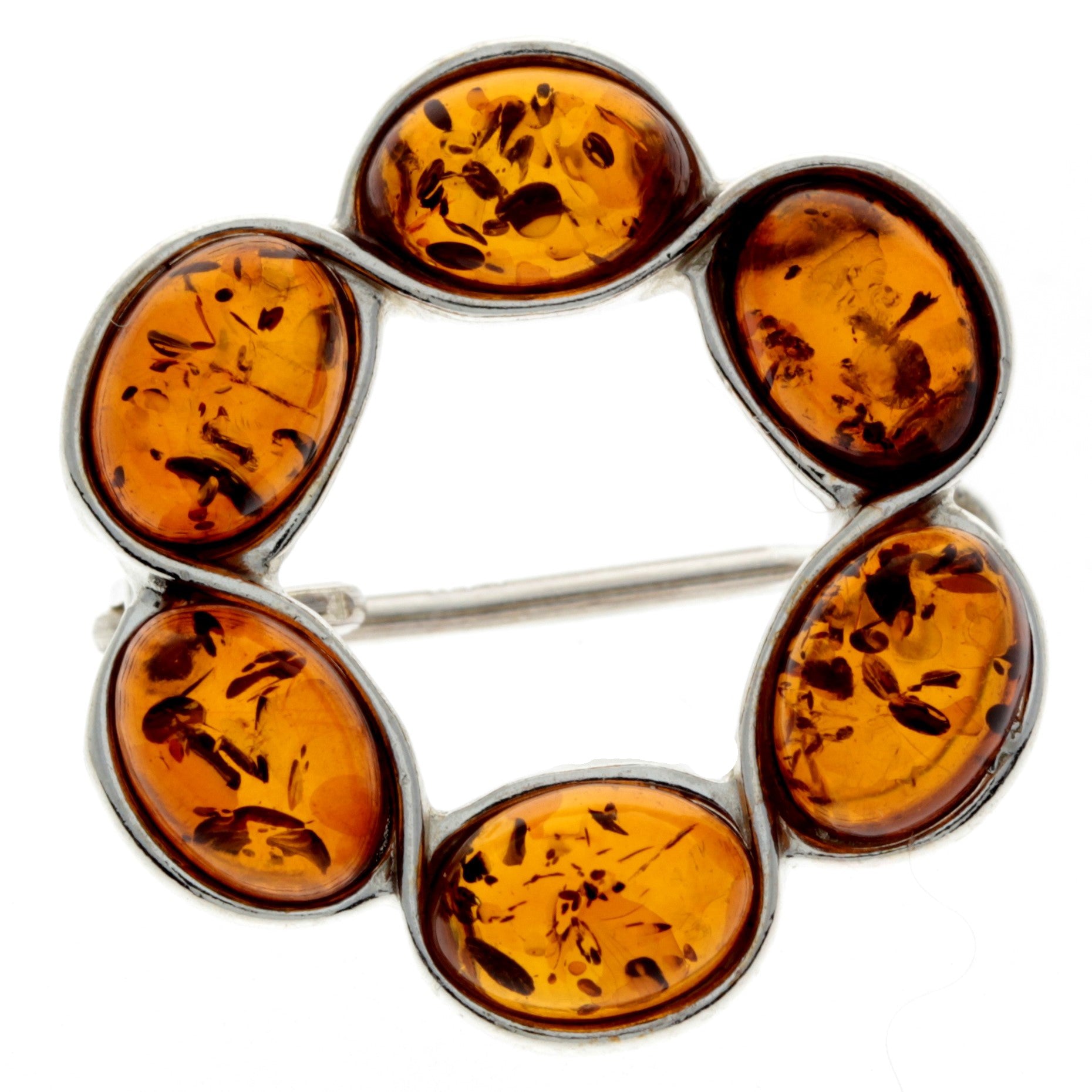 925 Sterling Silver & Baltic Amber Classic Round Brooch - 4174X