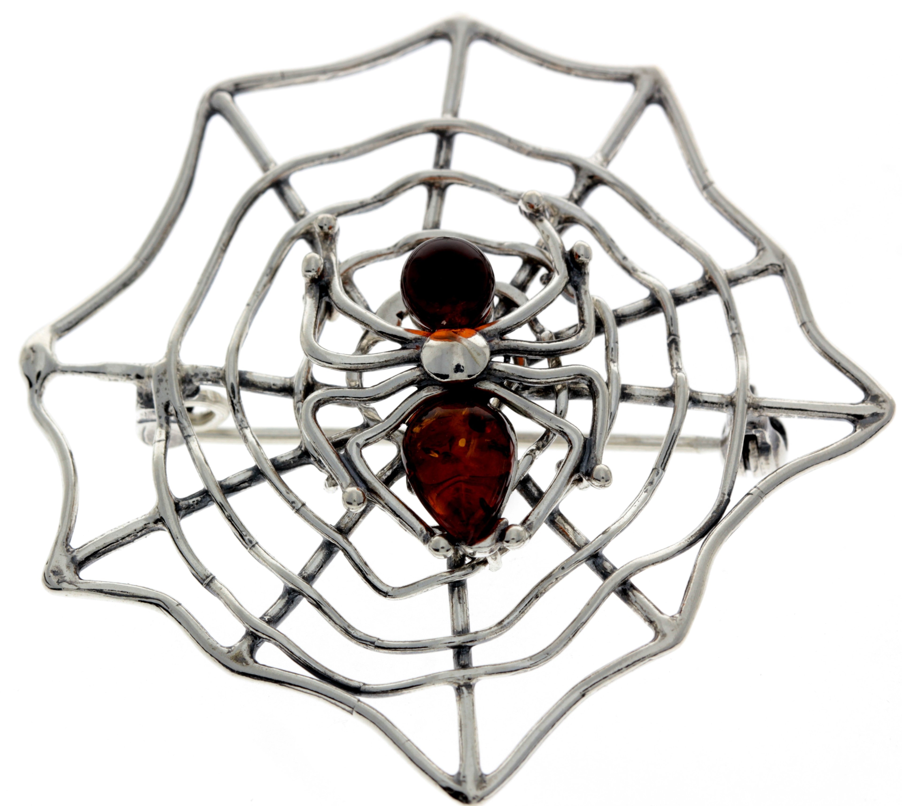 925 Sterling Silver & Baltic Amber Spider on the web Brooch - 4039
