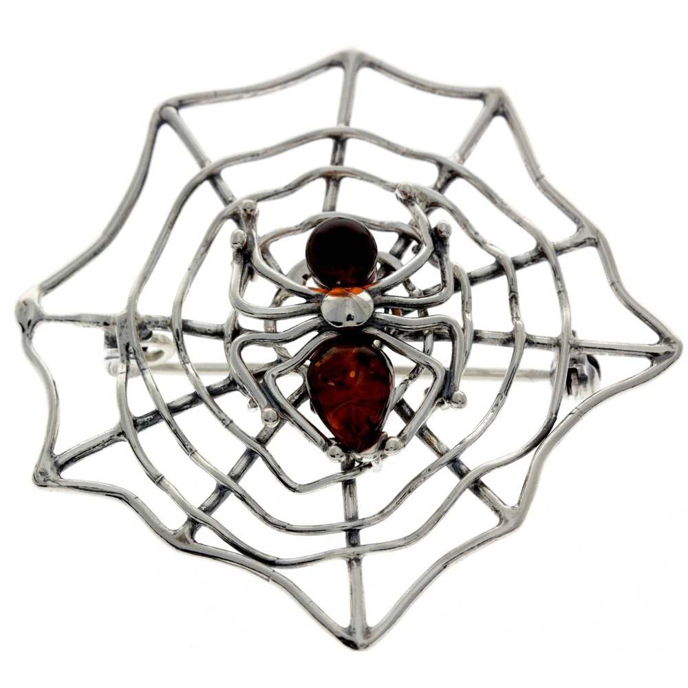 925 Sterling Silver & Baltic Amber Spider on the web Brooch - 4039