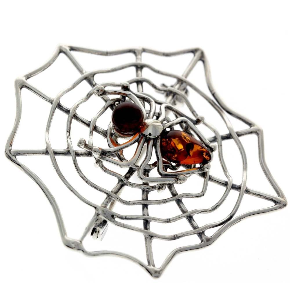 925 Sterling Silver & Baltic Amber Spider on the web Brooch - 4039