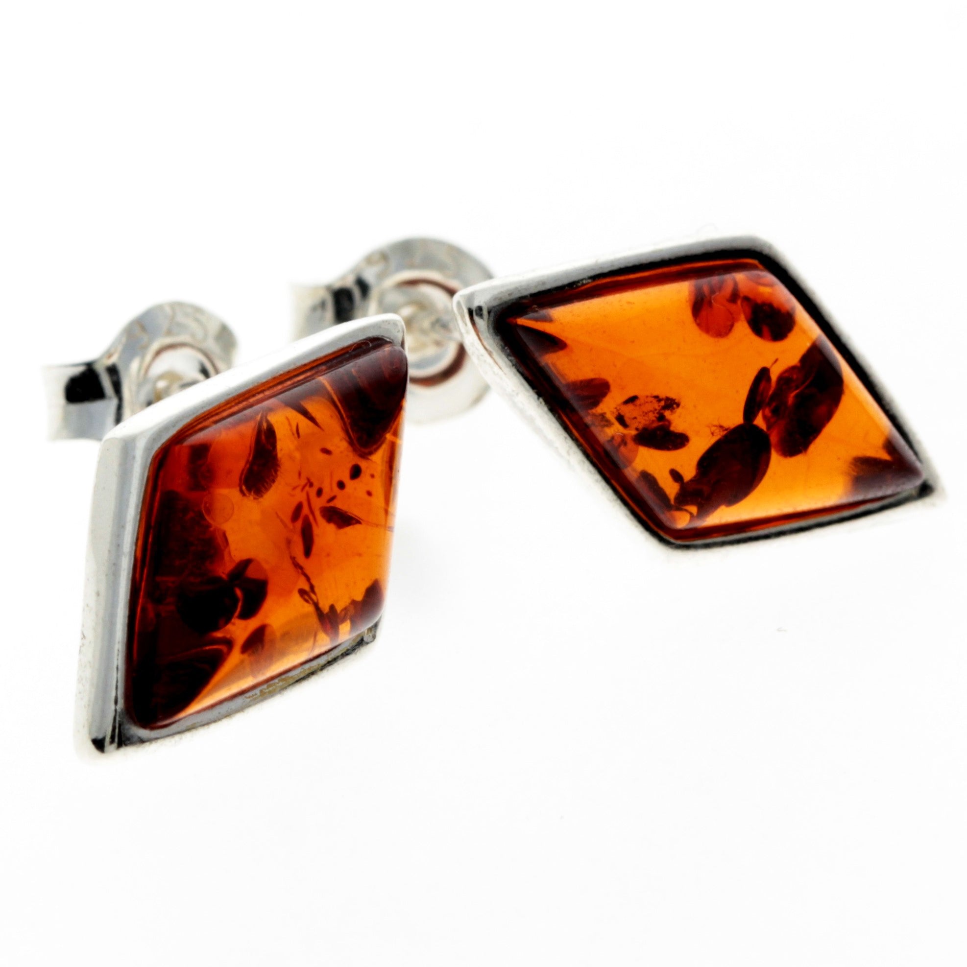 925 Sterling Silver & Baltic Amber Diamond Shape Studs Earrings - GL037