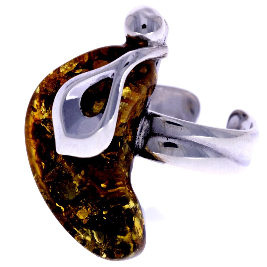 925 Sterling Silver & Genuine Green Baltic Amber Unique Ring - RG0602