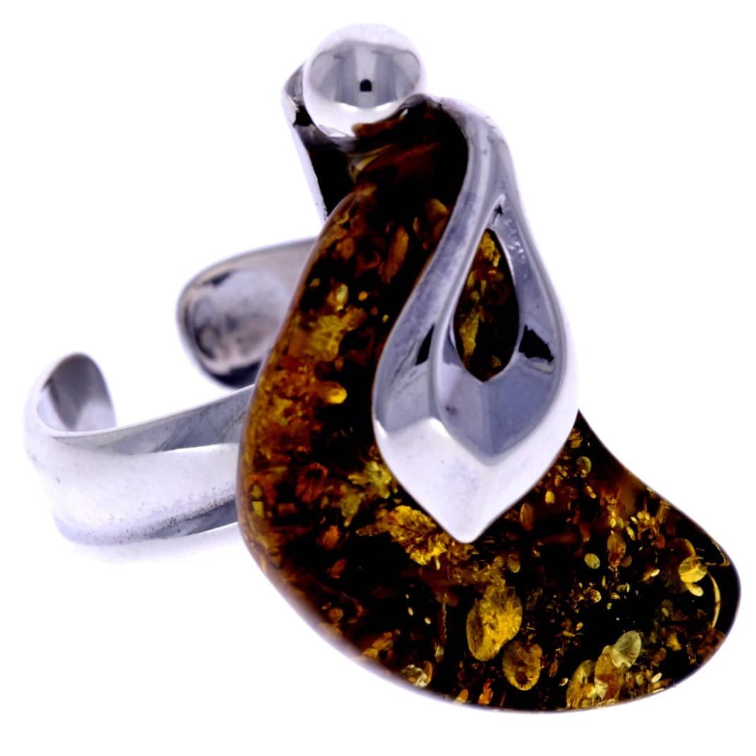 925 Sterling Silver & Genuine Green Baltic Amber Unique Ring - RG0602