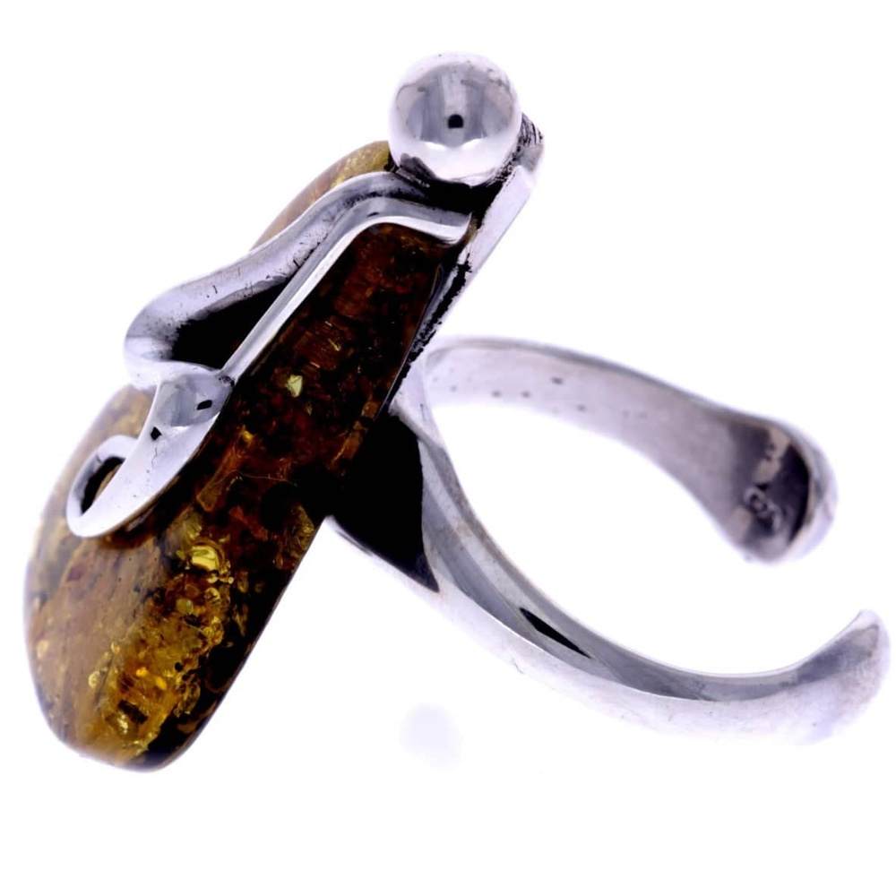 925 Sterling Silver & Genuine Green Baltic Amber Unique Ring - RG0603