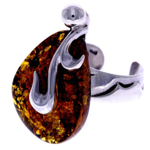 925 Sterling Silver & Genuine Green Baltic Amber Unique Ring - RG0605