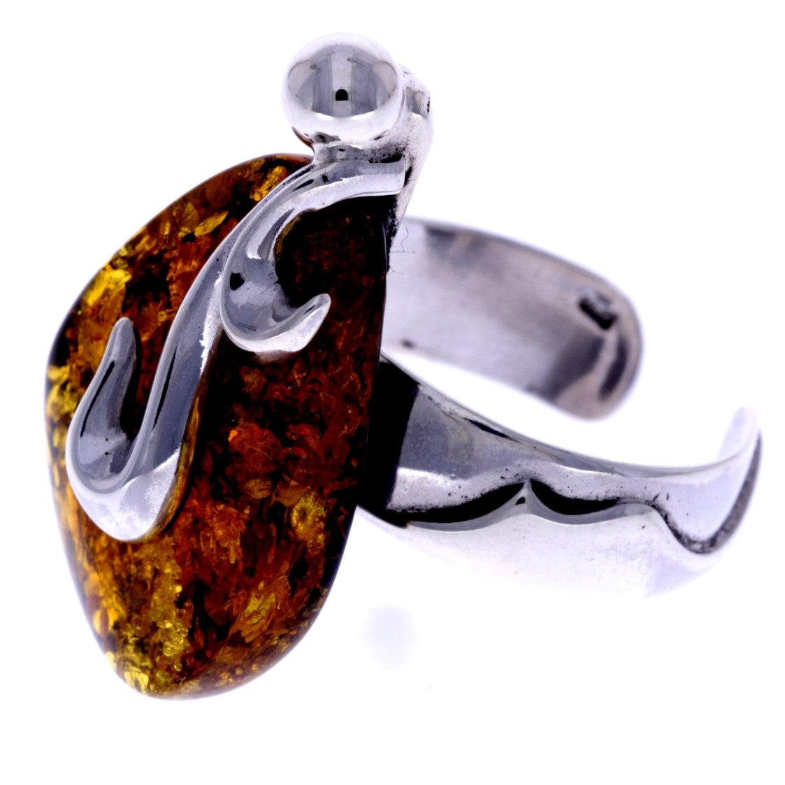 925 Sterling Silver & Genuine Green Baltic Amber Unique Ring - RG0605