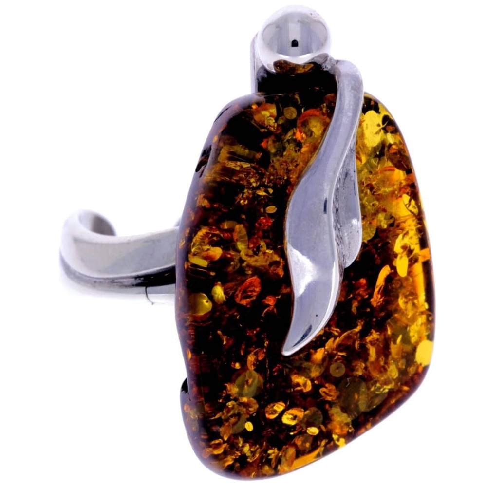 925 Sterling Silver & Genuine Green Baltic Amber Unique Ring - RG0608
