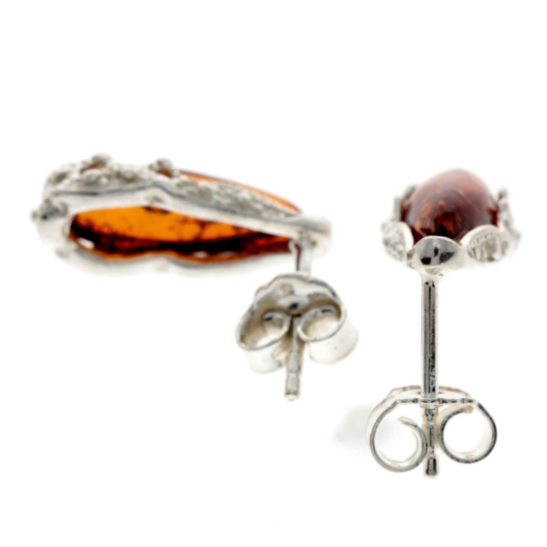 925 Sterling Silver & Baltic Amber Modern Teardrop Studs Earrings - G027