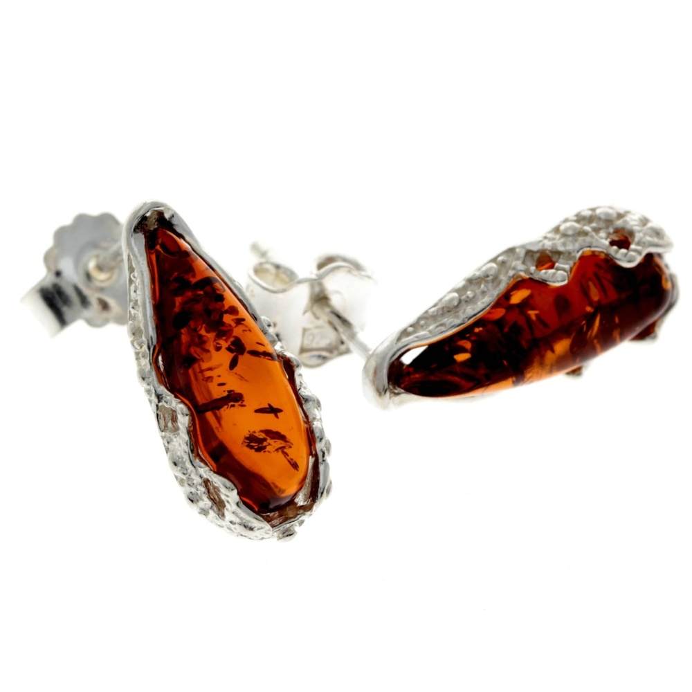 925 Sterling Silver & Baltic Amber Modern Teardrop Studs Earrings - G027