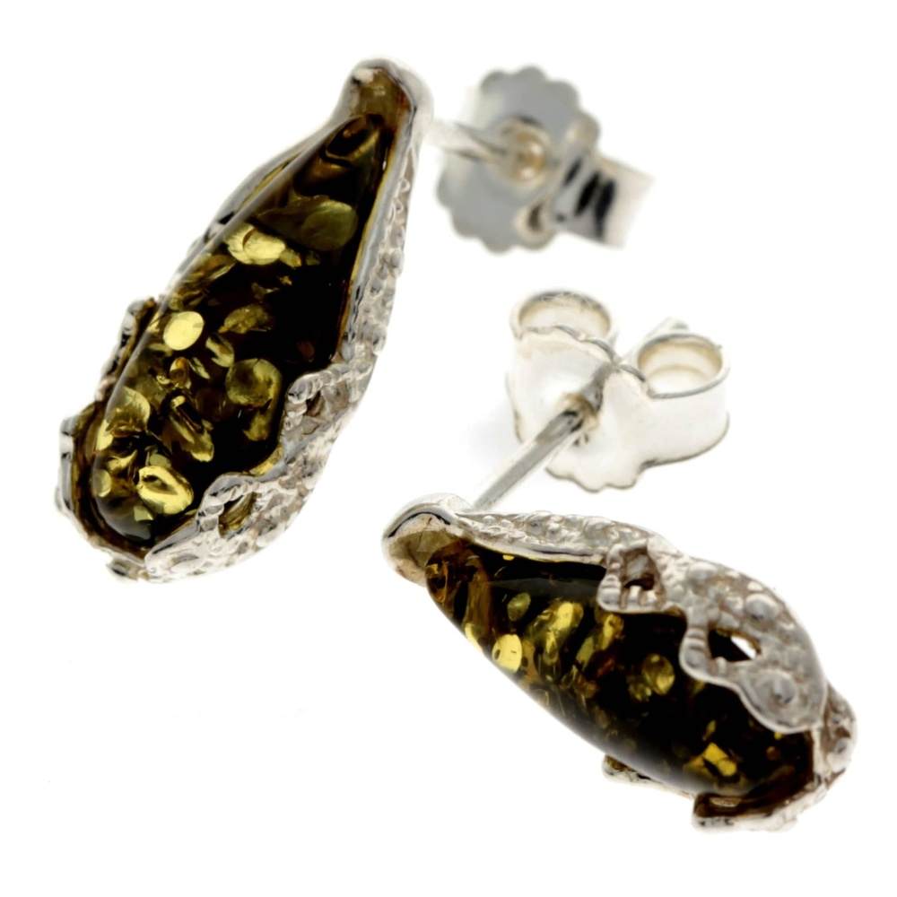 925 Sterling Silver & Baltic Amber Modern Teardrop Studs Earrings - G027