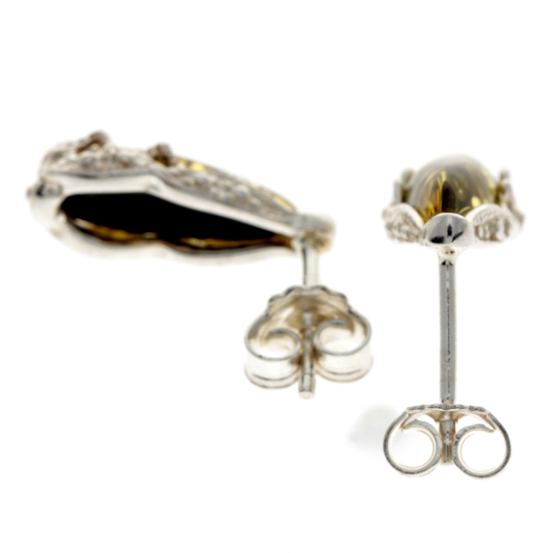 925 Sterling Silver & Baltic Amber Modern Teardrop Studs Earrings - G027
