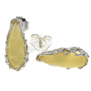 925 Sterling Silver & Baltic Amber Modern Teardrop Studs Earrings - G027