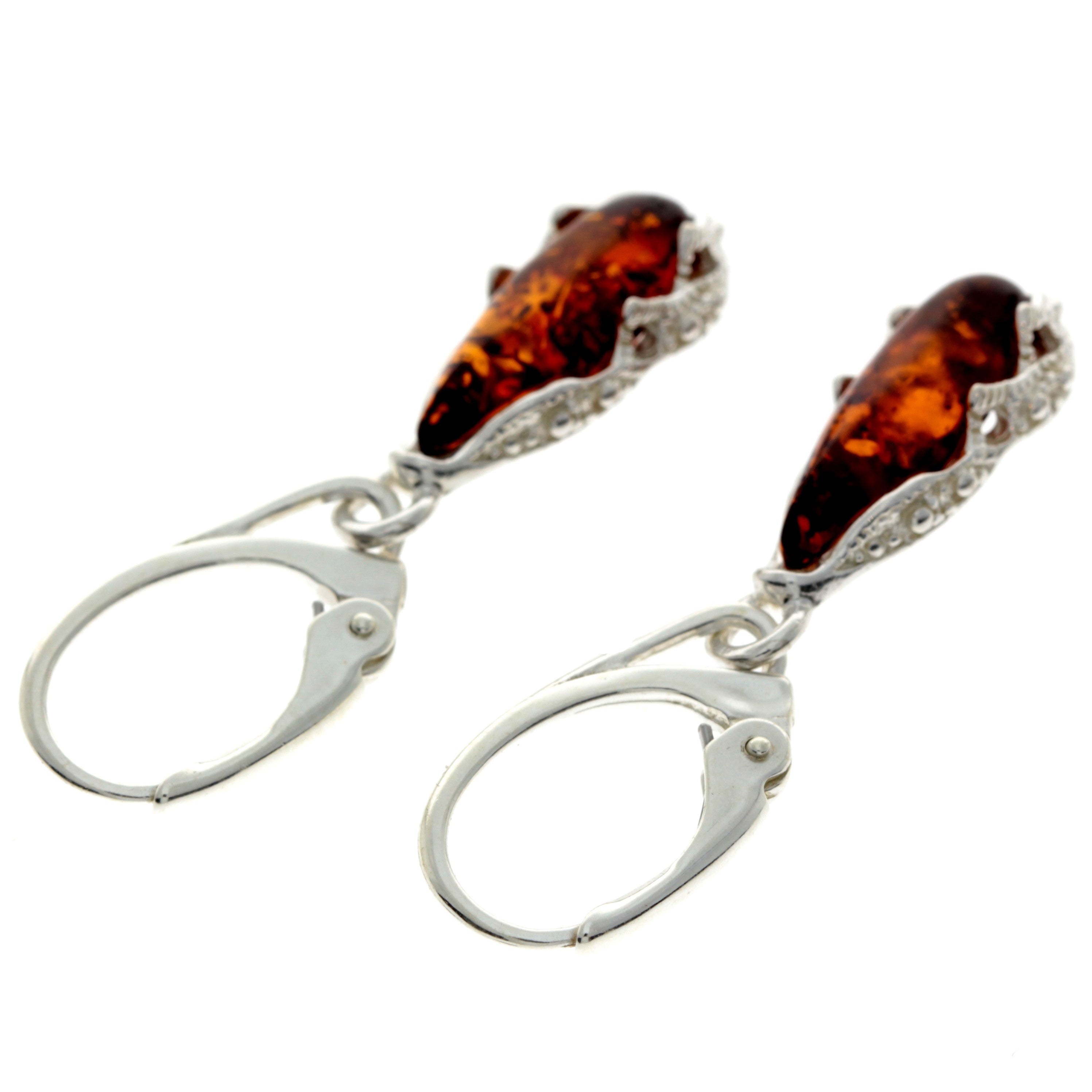 925 Sterling Silver & Baltic Amber Modern Teardrop Drop / Dangle Earrings - G028