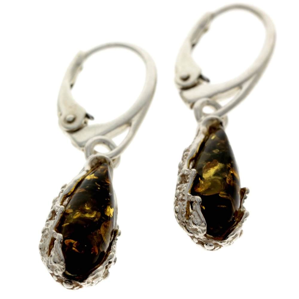 925 Sterling Silver & Baltic Amber Modern Teardrop Drop / Dangle Earrings - G028