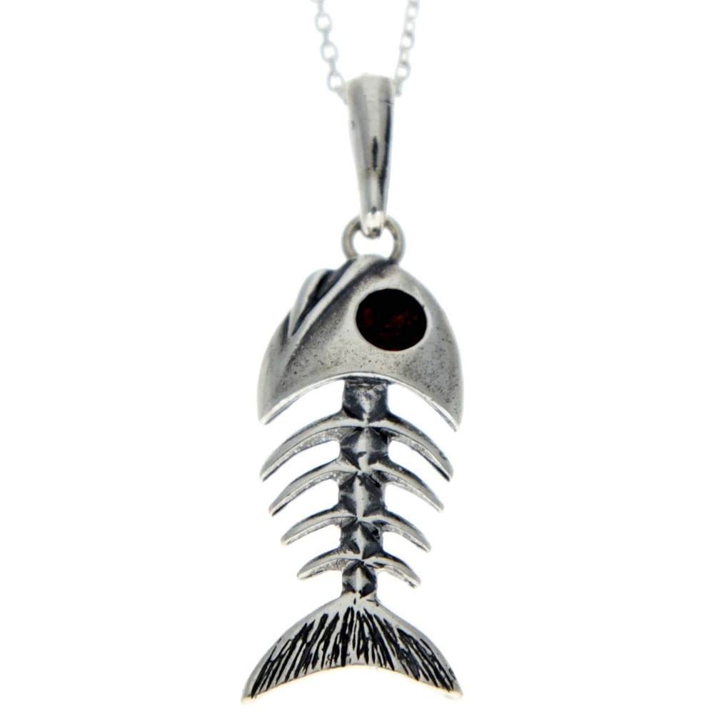 925 Sterling Silver & Baltic Amber Skeleton Fish Bones Pendant - 1983