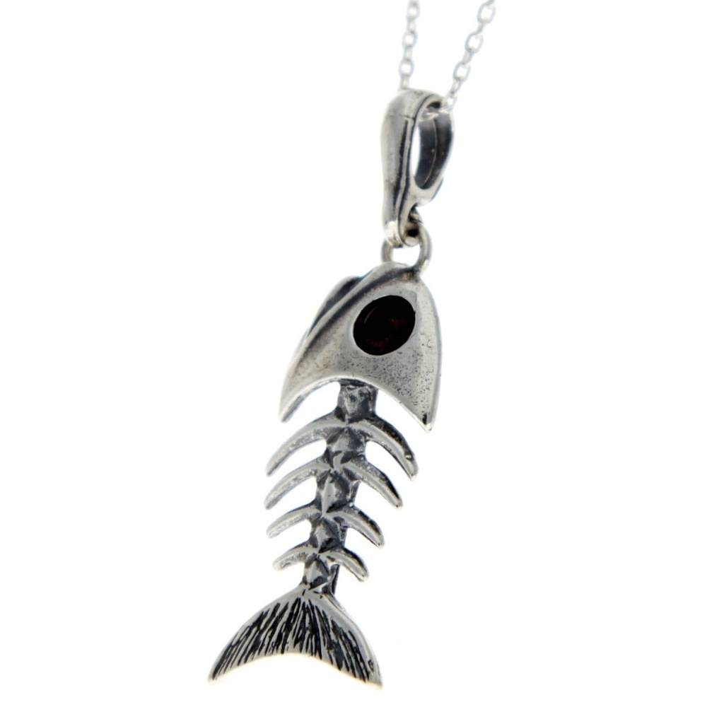 925 Sterling Silver & Baltic Amber Skeleton Fish Bones Pendant - 1983