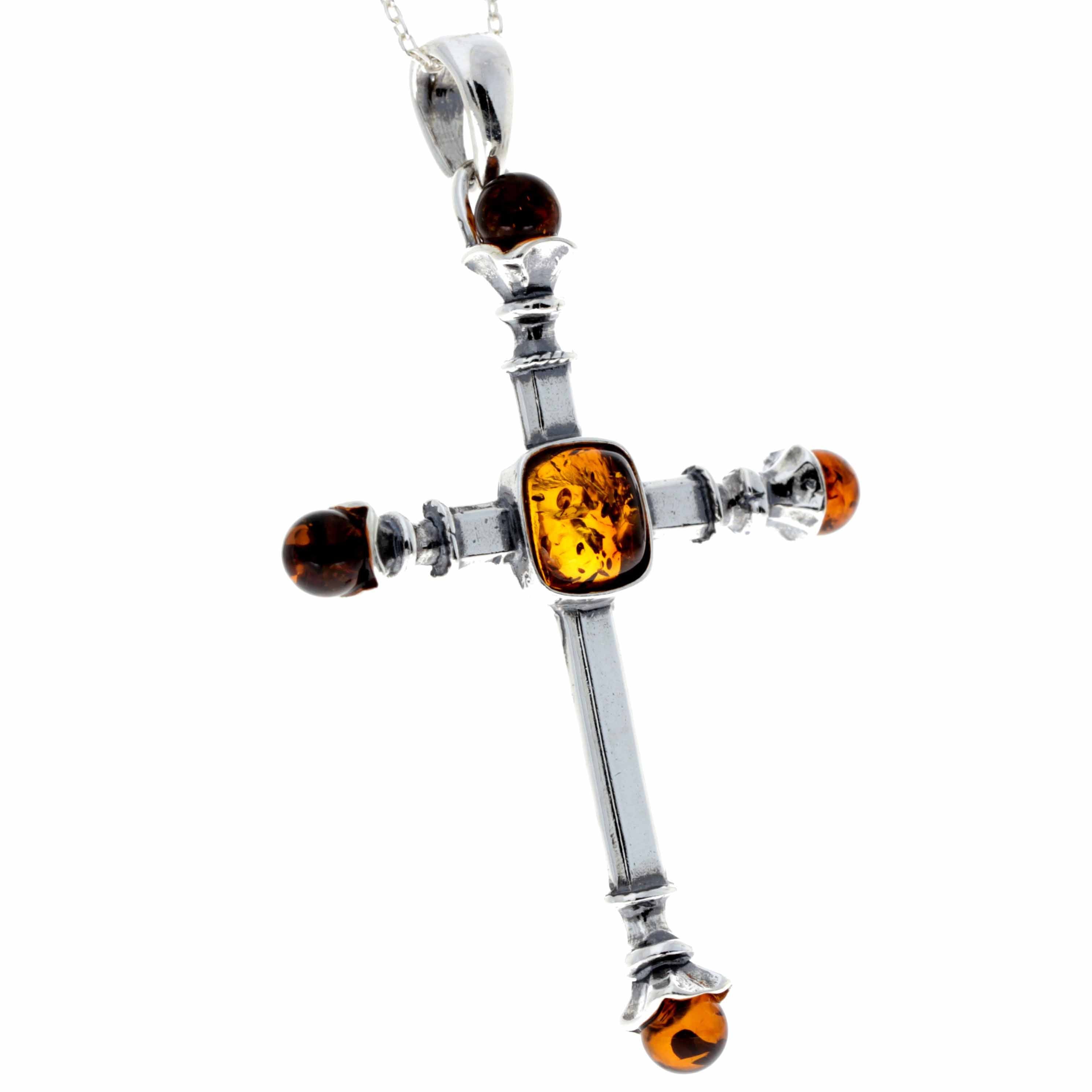 925 Sterling Silver & Baltic Amber Large Cross Pendant - 1590
